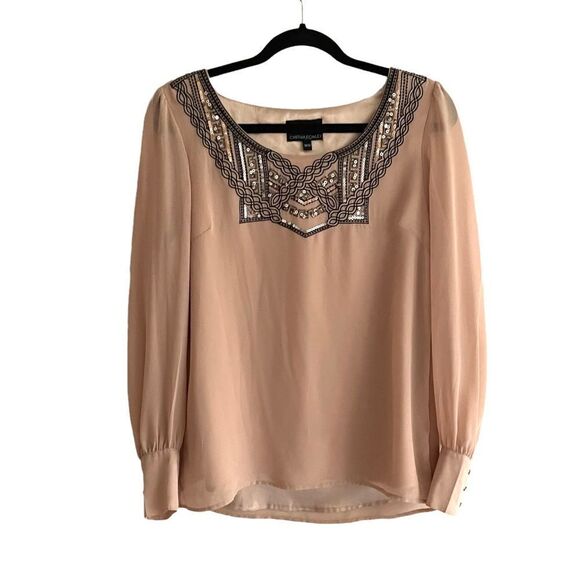 CYNTHIA ROWLEY Blouse Embellished Embroidery Beading Nude M - Picture 6 of 8